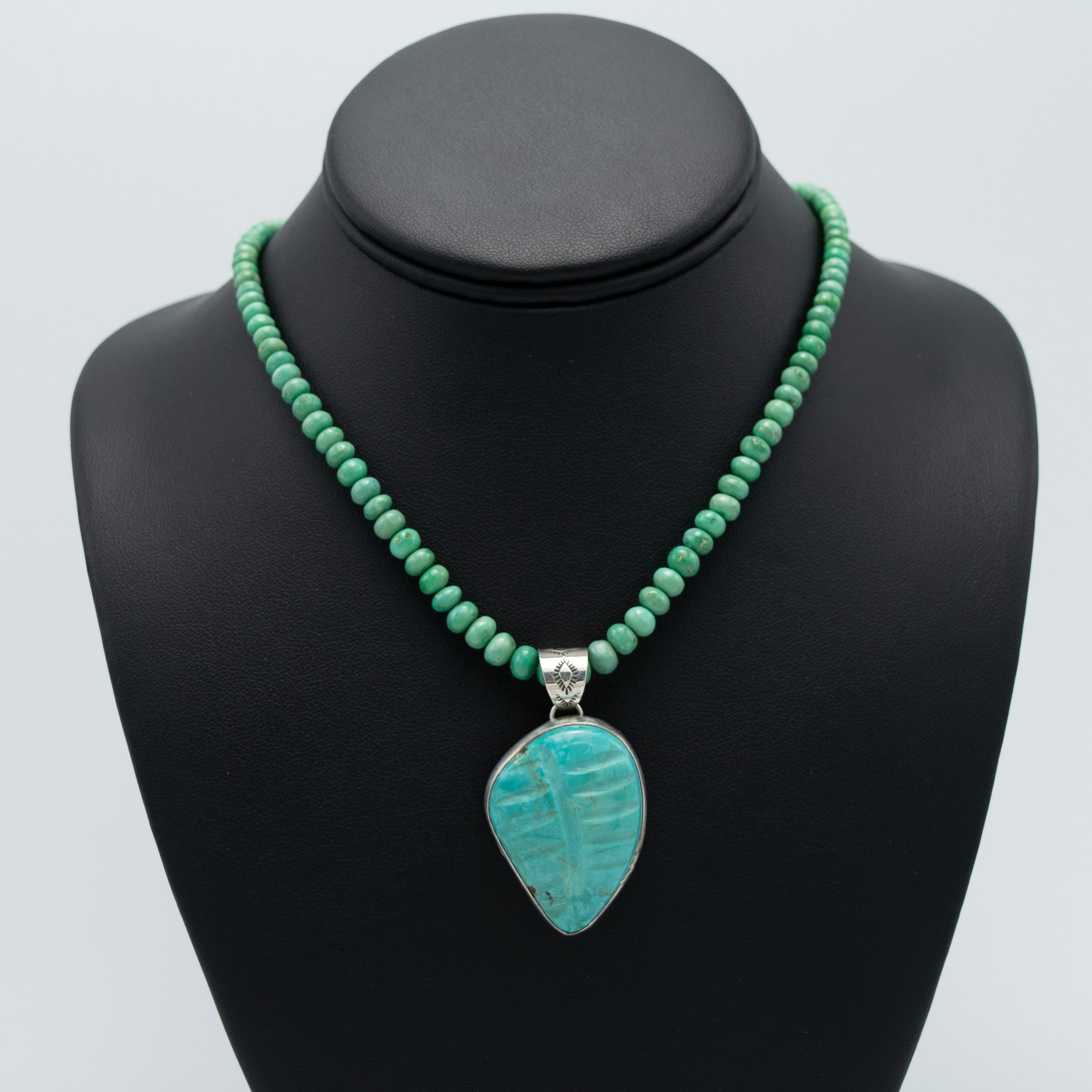 Kingman Turquoise Necklace with Carved Leaf Pendant