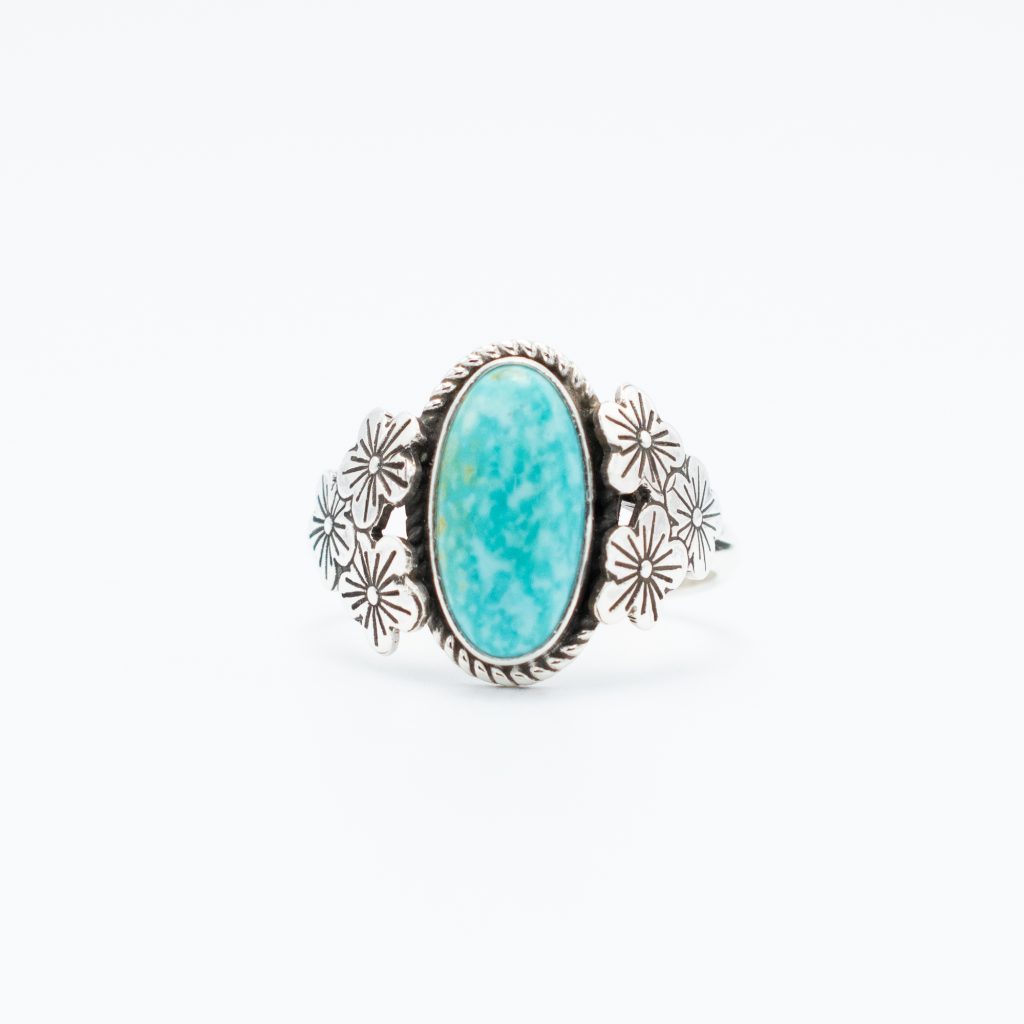 Kingman Turquoise Stamped Flower Ring | Silver Sun